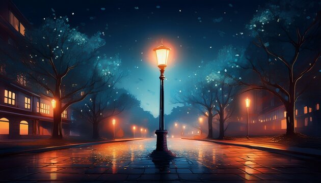 city lights glow around a lone lamppost a dramatic nighttime scene captured in evocative street photography