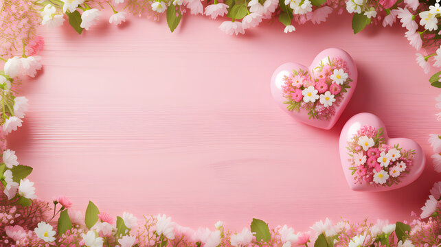 Heart shaped cookies decorated with white flowers on pink wooden background flat lay top view copy space