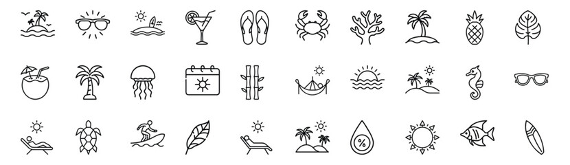 Tropical getaway and beach holiday line icons set, sun lounger, cocktail drink, surfboard, palm tree, sunglasses & more vector illustration with editable stroke. © Swikat