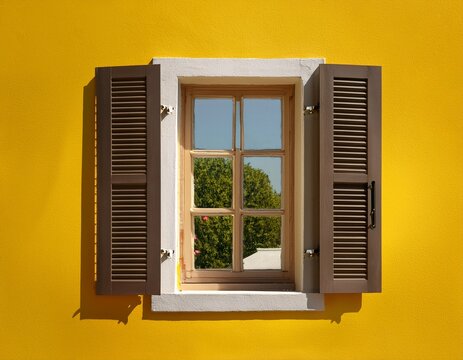 window with open shutters on bright yellow wall background