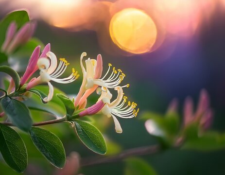 delicate honeysuckle blooms unfurl bathed in soft spring light a long exposure dream