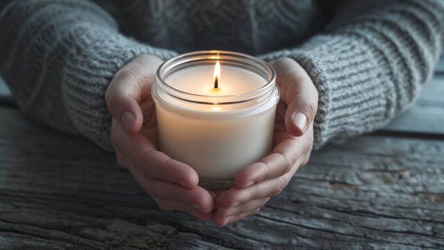 White Scented Candle Held in Hands for Cozy Wellness and Relaxation