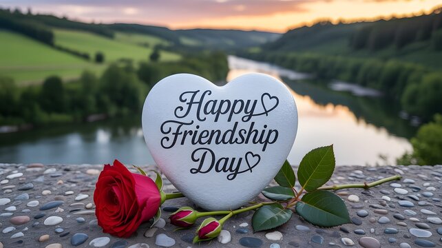 Heart shaped decoration featuring happy friendship day text message placed near red rose beside river landscape view
