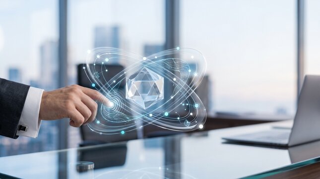 Businessman hand touching futuristic AI gyroscope hologram on virtual interface in office