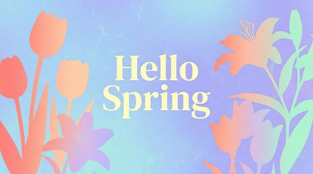 Hello Spring floral background with gradient tulip silhouettes.