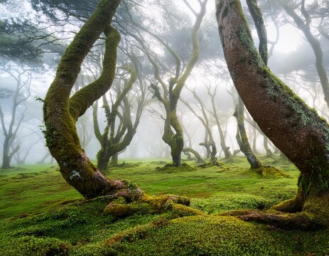 misty forest with large twisted trees on green ground