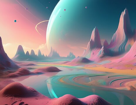 alien planet with dreamy pastel landscapes and mysterious atmosphere