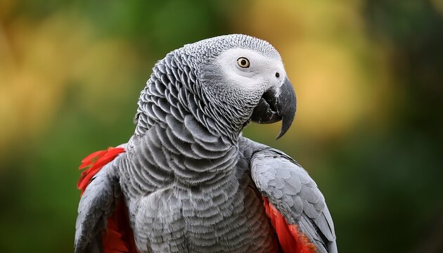 a gray parrot with a red tail perched on a branch against a blurred green background