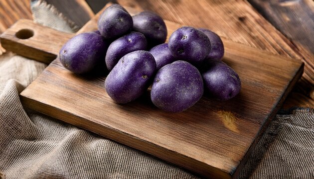 raw violet vitelotte potatoes on wooden boards and burlap cloth
