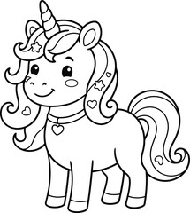 Fototapeta premium Cute cartoon unicorn with curly mane and heart star decorations isolated image