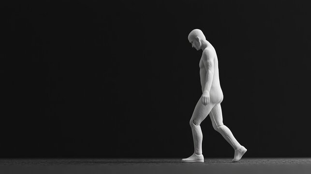 A lone figure, crafted in white, strides purposefully through an expansive dark space. The contrasting shades highlight the grace of movement, evoking a sense of solitude
