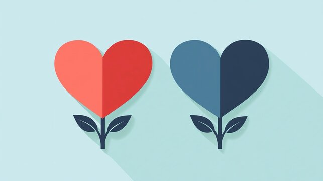 Two heart shapes sit side by side, one in warm red and the other in cool navy, both resting on green leaves. This colorful scene showcases unity and love, invoking joy