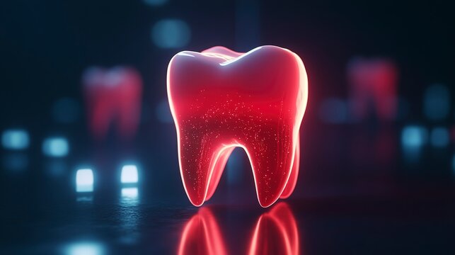 In a stunning digital scene, a luminescent tooth radiates in a dark, futuristic setting. Surrounding it are soft, glowing lights that enhance the enchanting atmosphere. The colors blend beautifully
