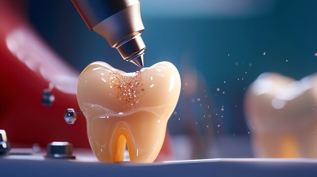 In a vibrant dental clinic, a skilled technician meticulously decorates a lifelike tooth model with shimmering detail. The scene glows with careful artistry and innovation, showcasing expertise