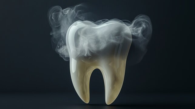 A gleaming white tooth stands in stark contrast against a dark background, elegantly enveloped by wisps of smoke, evoking a sense of mystery and wonder in a dental context