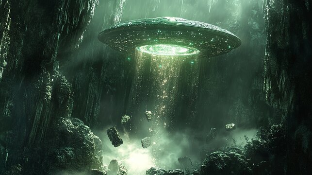 A captivating UFO hovers in a dark, mystical cavern, surrounded by glimmering crystals and a soft green glow. The atmosphere feels otherworldly and serene