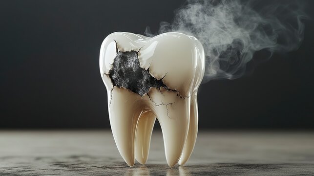 In a dark setting, a large cracked tooth stands alone, with swirling smoke rising from it. The tooth's surface exhibits deep fissures, conveying a sense of decay and mystery
