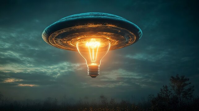 A glowing light bulb hangs mysteriously beneath a sleek UFO, casting bright light across a shadowy landscape during twilight. The scene feels surreal and thought-provoking, sparking curiosity