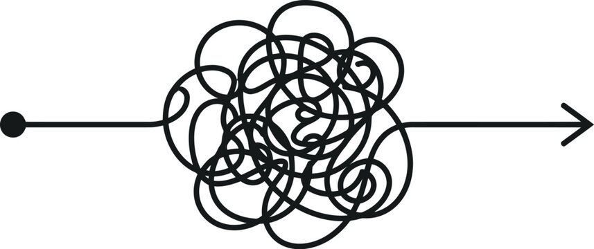 Complex tangled line path with arrow isolated on white background