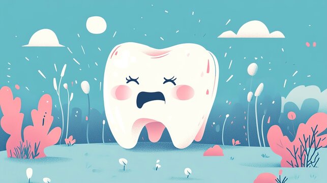 In a whimsical setting, a cartoon tooth animatedly shows surprise with big eyes and a frown. Bright colors and soft shapes fill the scene, creating a lighthearted atmosphere