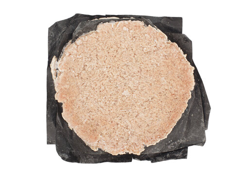 Frozen chicken smash burger patty isolated on a white for food, grocery, packaging, and menu design.