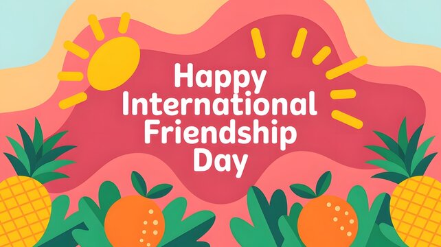 Colorful tropical illustration celebrating international friendship day featuring pineapples bright yellow sun vibrant pink background graphic design