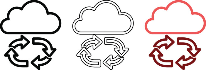 Obraz premium Cloud computing sync icon set in black, outline, and red, data transfer and storage.
