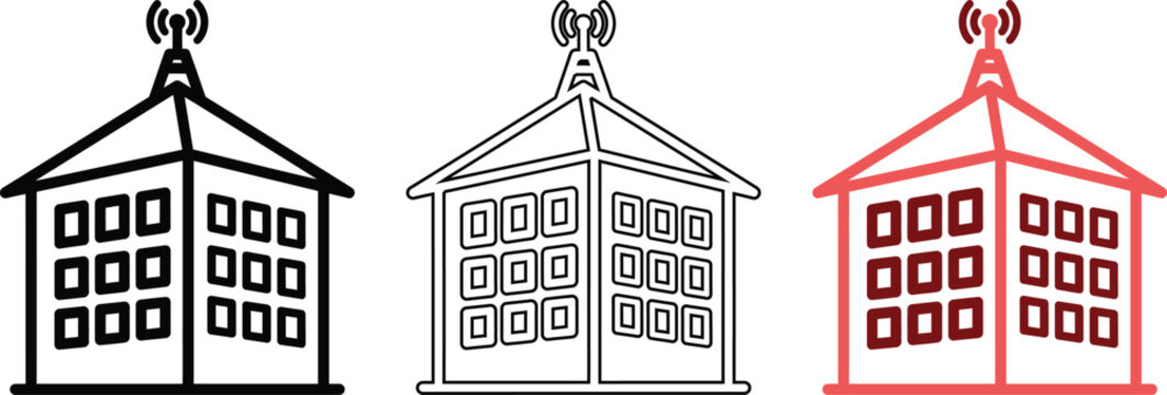 Cell tower communication building icon outline set.