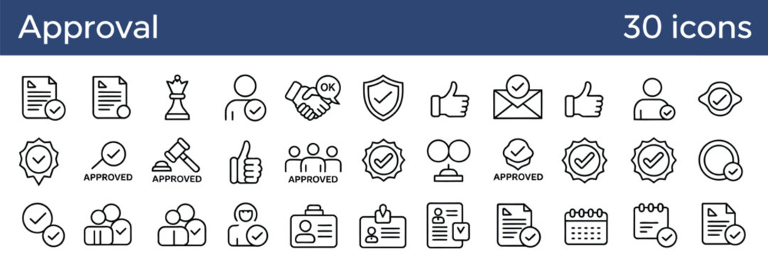 Approval Web Icons in Linear Style with Editable Stroke for Approved Validation Check Mark Thumbs Up Certified Agreement Vector Illustration