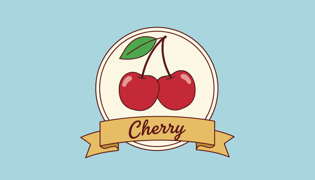 Round logo design featuring two ripe red cherries with a green leaf and a golden banner that reads Cherry.
