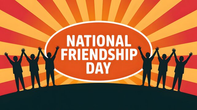 Group people celebrating national friendship day raising hands together under bright orange yellow sunburst background illustration