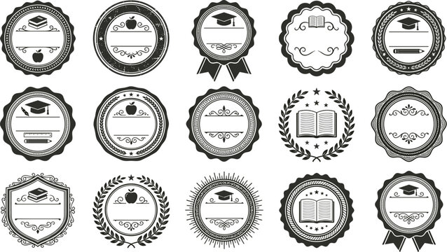 Vintage monochrome graduation badges collection with retro academic stamps school certificate frames university stickers and educational emblem vector elements,