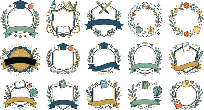 Cute hand drawn back to school badge collection with cute academic frames university labels study wreaths and colorful education emblem vectors,