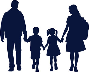 Silhouette family of four parents and children walking hand in hand together