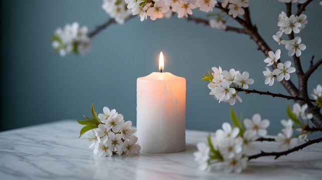 Burning white candle placed near blooming cherry tree branches creating peaceful zen atmosphere for home decor meditation