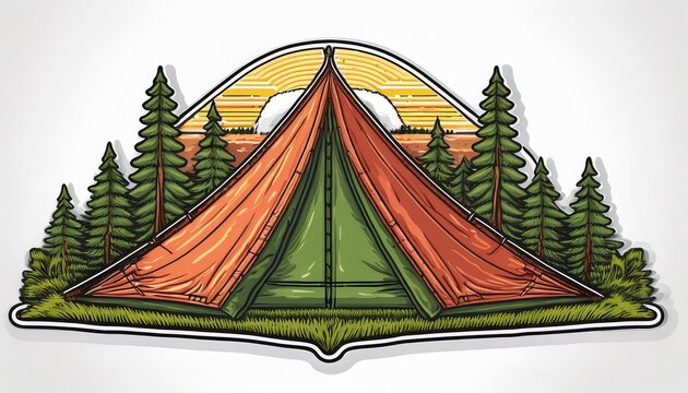 camping tent embroidered patch with pine trees outdoor adventure and nature exploration symbol isolated on white background