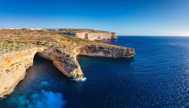 aerial view of the rugged limestone cliffs of dwejra bay with deep blue mediterranean waters under a clear sky in gozo region malta high quality photo