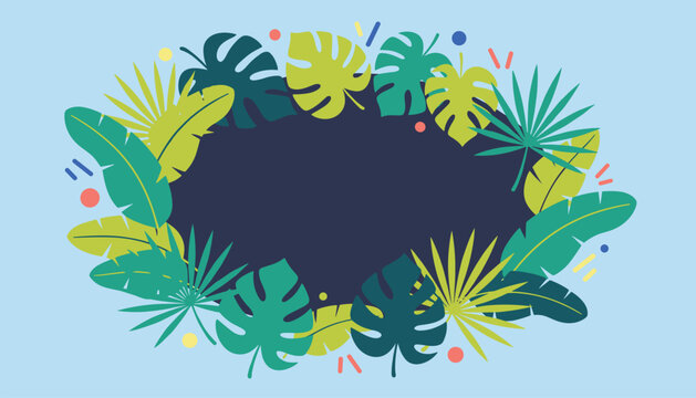 Oval border frame made of colorful tropical monstera and palm leaves on a pastel blue background with confetti.