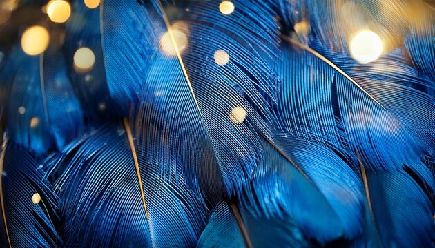 close up of luxurious blue feathers with golden sparkles and bokeh