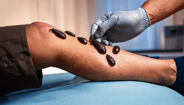 hirudotherapy session medical leeches applied to patient s leg