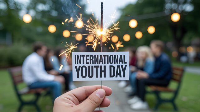 Hand holding sparkler with international youth day sign blurred people sitting bench background park evening time