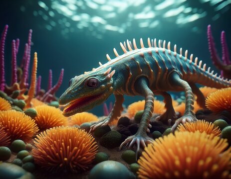 prehistoric hallucigenia creature crawling on cambrian seabed with ancient sponges 3d render of extinct marine invertebrate for paleontology and evolution education