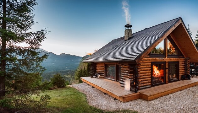 cozy mountain wooden cabin house with fireplace and windows