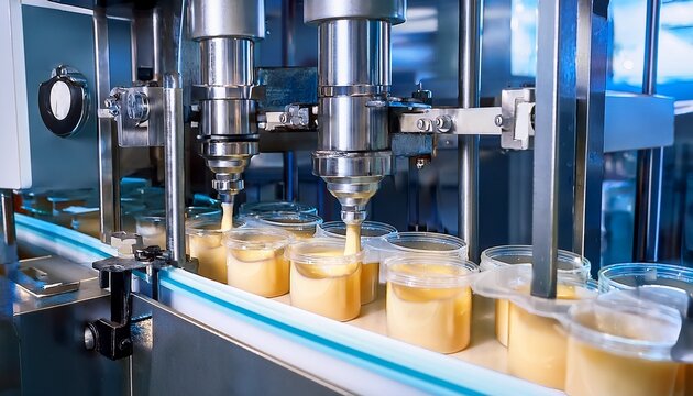 creamy mixture being dispensed into clear plastic containers using an industrial filling machine for food production