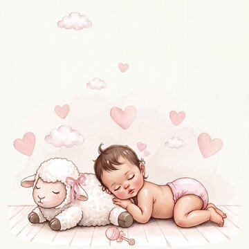 Watercolor Baby Girl Sleeping with Soft Plush Lamb and Pink Hearts Nursery Illustration