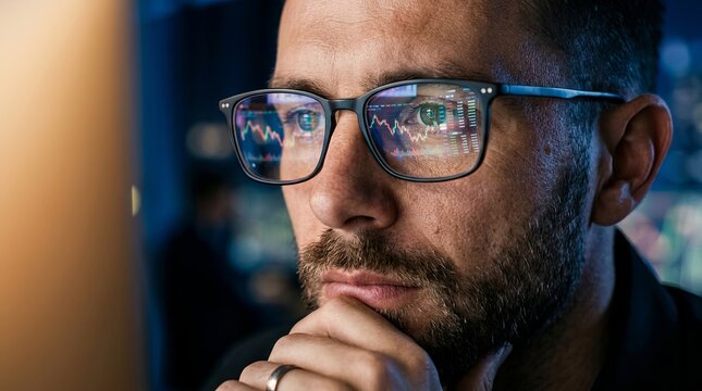 Male trader with eyeglasses working in office at night