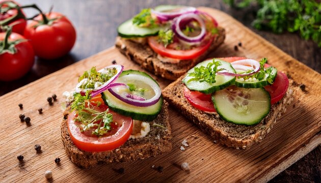 freshly prepared open sandwich with tomatoes cucumbers onions and herbs on whole grain bread served on a wooden board