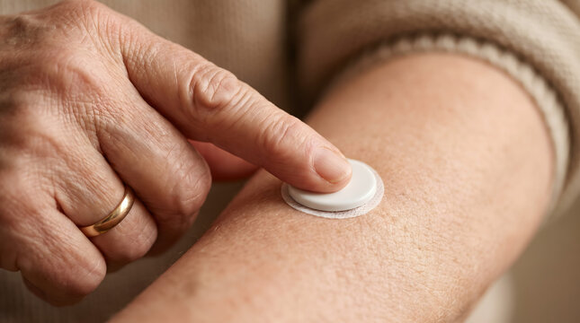Close-up of a senior person pointing to a continuous glucose monitor sensor attached to their upper arm for diabetes control