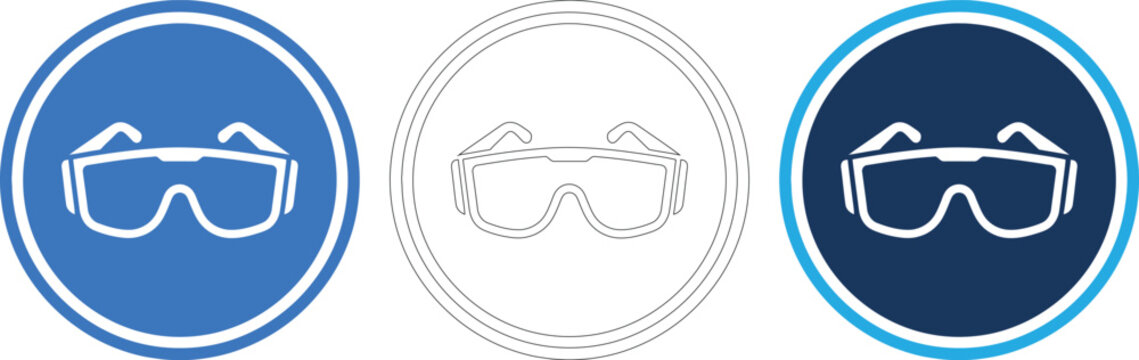 Safety glasses mandatory icon set showing protective eyewear in multiple graphic styles.