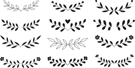Fototapeta premium Delicate botanical leaf sprigs arranged in curved borders on white background for decorative design elements
